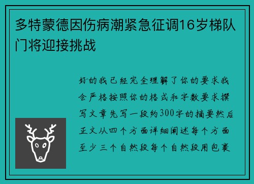 多特蒙德因伤病潮紧急征调16岁梯队门将迎接挑战