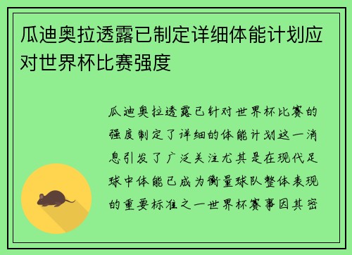 瓜迪奥拉透露已制定详细体能计划应对世界杯比赛强度